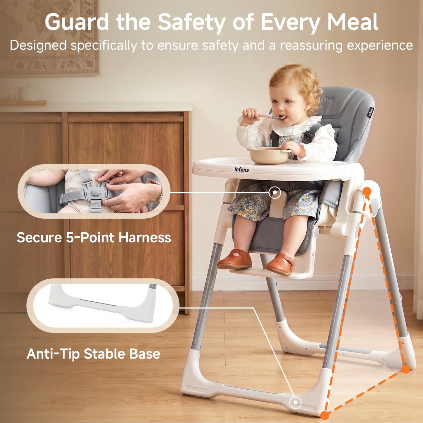 INFANS High Chair for Babies & Toddlers, Foldable Highchair with Multiple Adjustable Backrest, Footrest and Seat Height, Removable Tray, Detachable PU Leather Cushion, Built-in Rear Wheels (Grey) 🍁 All In One Marketplace Canada