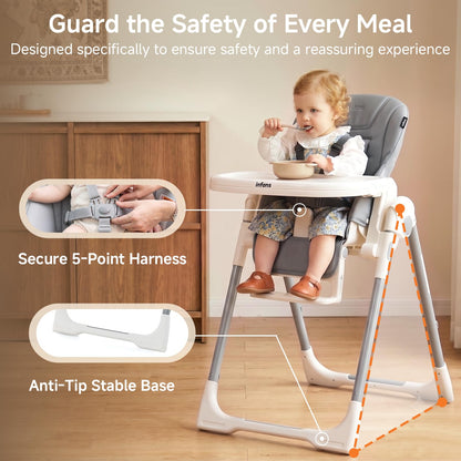 INFANS High Chair for Babies & Toddlers, Foldable Highchair with Multiple Adjustable Backrest, Footrest and Seat Height, Removable Tray, Detachable PU Leather Cushion, Built-in Rear Wheels (Grey) 🍁 All In One Marketplace Canada