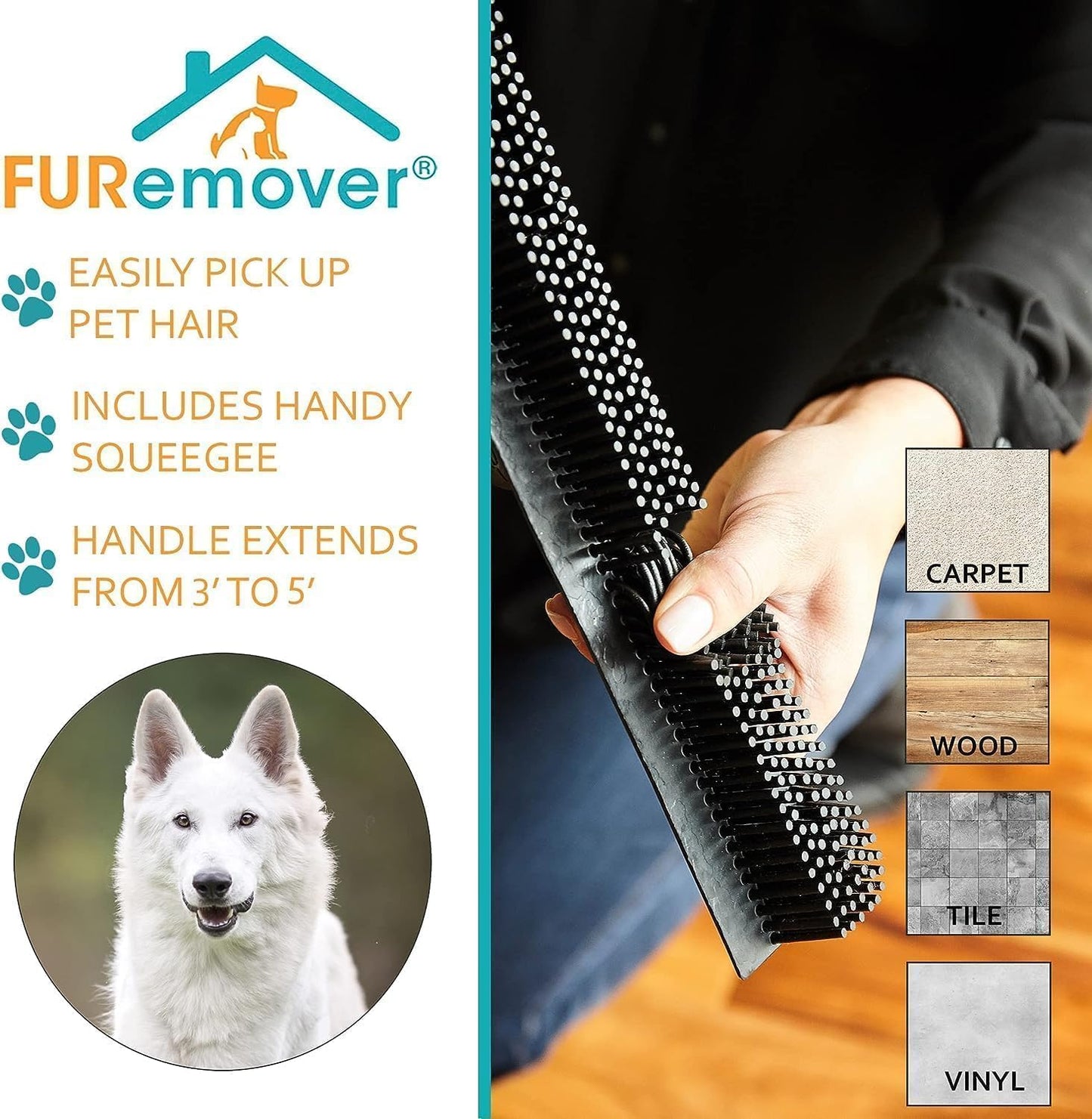 FURemover Broom SW-250I-AMZ-6, Pet Hair Removal Tool with Squeegee & Telescoping Handle That Extends from 3-5', Black & Yellow,1 Count (Pack of 1) FURemover