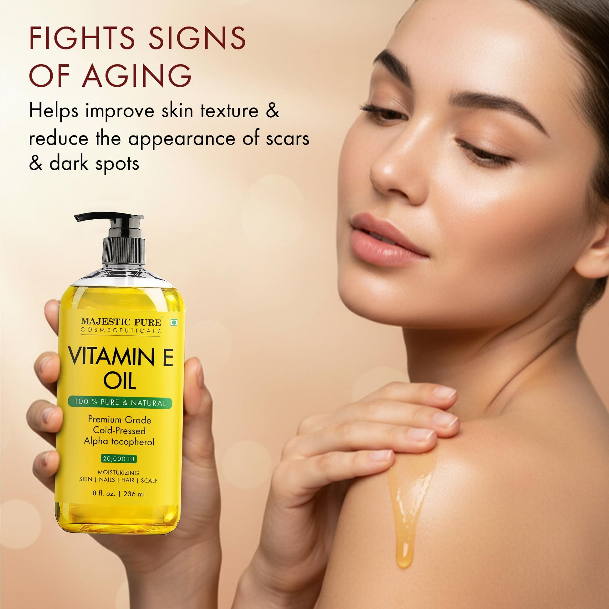 Majestic Pure Vitamin E Oil - 100% Pure & Natural, 20,000 IU | Premium Grade, Cold-Pressed and Tocopherol to Repair Dry, Damaged Skin| Moisturizing Skin, Hair and Scalp 8 Fl Oz