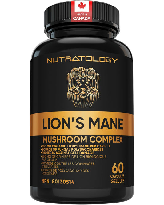 Nutratology® Organic Lion's Mane Mushroom Capasules - Nootropic Functional Mushroom Supplements Made With 40% Polysaccharides & >20% Beta-Glucan | Supports Memory, Cognition & Brain Health - 60 Count - Available at All In One Marketplace Canada