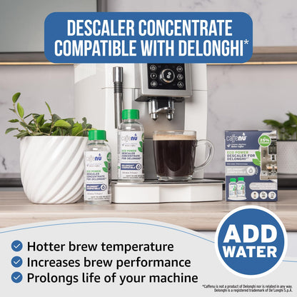 Delonghi Compatible Descaling Solution. 2 Bottles of Descaler Solution. Descaling Kit Removes Limescale For Hotter Coffee. 4 Uses Descaler For Delonghi Coffee Machines. - Available at All In One Marketplace Canada