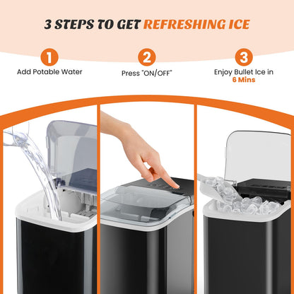 Sweetcrispy Countertop Ice Maker with Handle, 26lbs/24H Portable Ice Machine, 9 Bullet Ice Cubes Ready in 6 Mins, Self-Cleaning, Quiet Compact Ice Maker for Home, Kitchen, RV, Camping, Black - Available at All In One Marketplace Canada