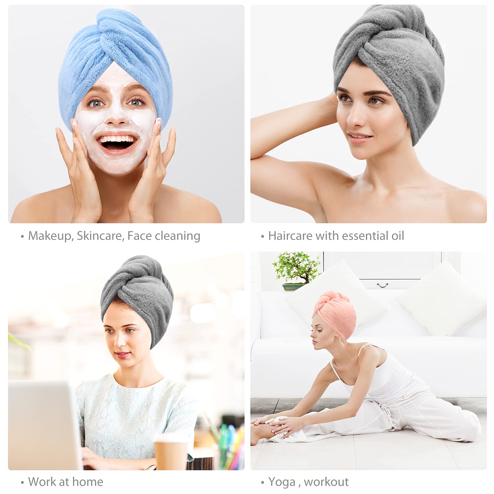 3 Pack Microfiber Hair Towel BEoffer Super Absorbent Hair Wraps for Women Wet Hair, Fast Drying Hair Turban, Hair Caps with Buttons for Drying Curly, Long & Thick Hair Anti Frizz (Gray+Pink+Blue) - Available at All In One Marketplace Canada