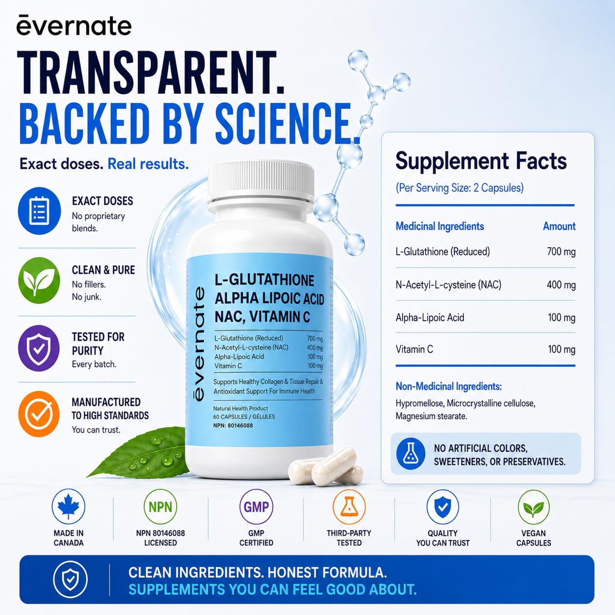 ALL-IN-ONE L-Glutathione 700 mg (Reduced) with NAC 400 mg, Alpha-Lipoic Acid 200 mg & Vitamin C (Per Serving: 2 Capsules) – Advanced Skin Brightening, Antioxidant & Immune Support Supplement – Made in Canada - Available at All In One Marketplace Canada