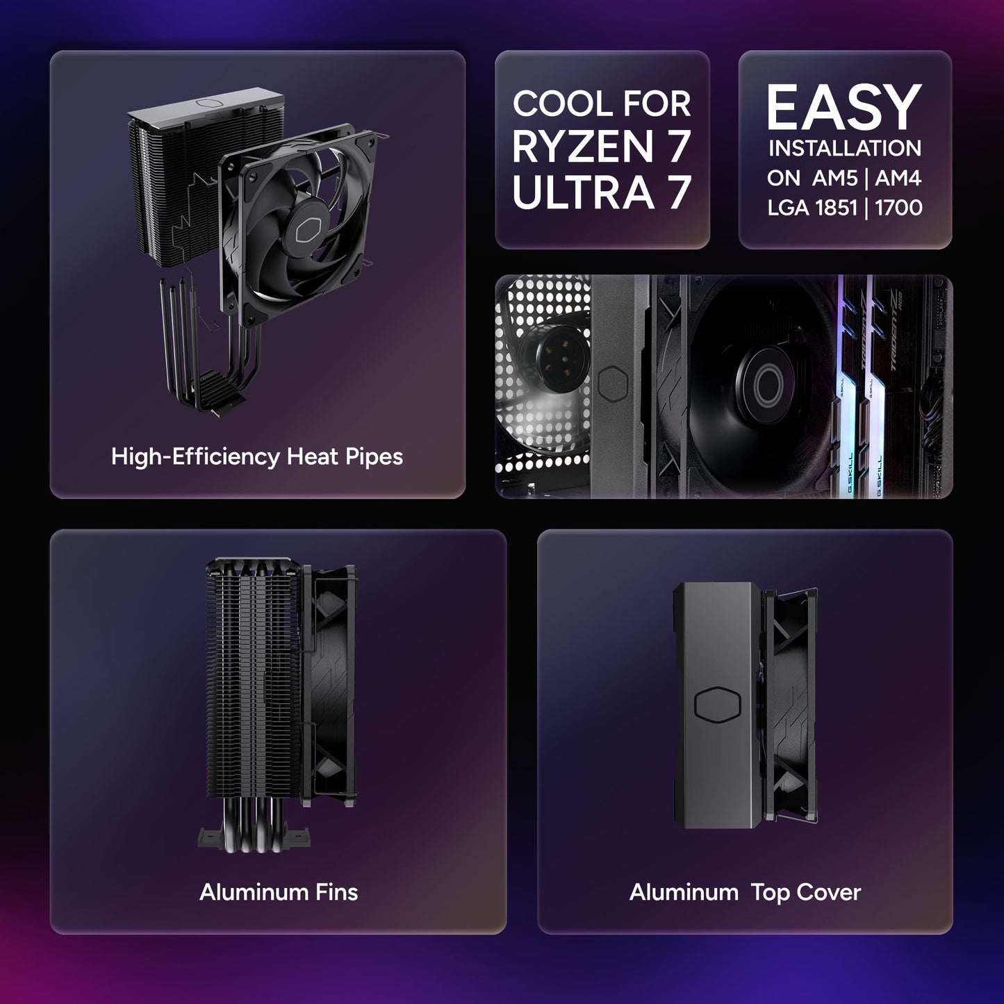 Cooler Master Hyper 212 Black Edition CPU Air Coolor, Silencio FP120 Fan, 4 CDC 2.0 Heatpipes, Anodized Gun-Metal Black, Brushed Nickel Fins for AMD Ryzen/Intel LGA1200/1151 Cooler Master