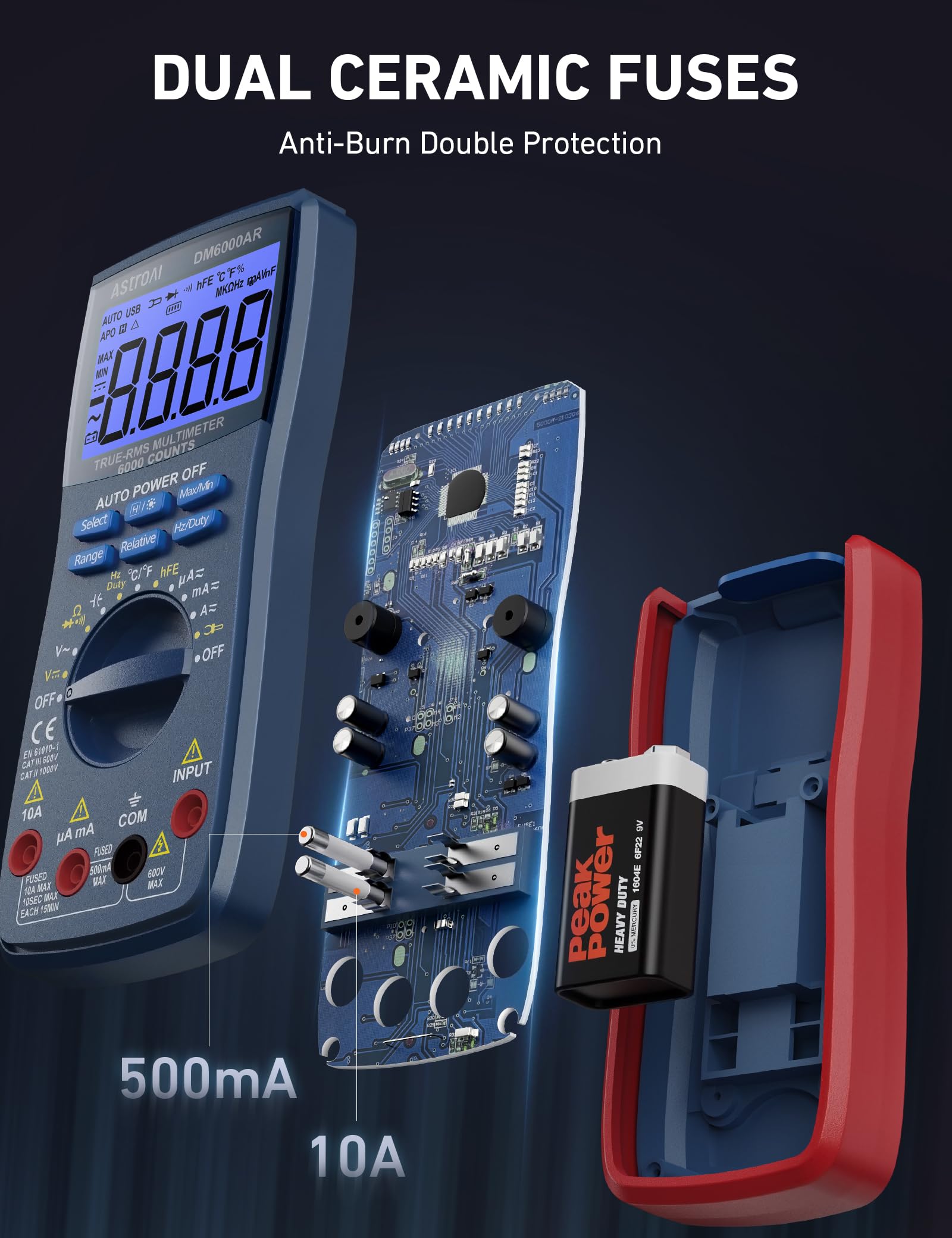 AstroAI Digital Multimeter 6000, Multi Meter - Measures Voltage, Current, Resistance, Continuity, Capacitance, Diode, Temperature – Voltmeter with Backlit LCD, Data Hold, Safety Rated CAT III, Blue