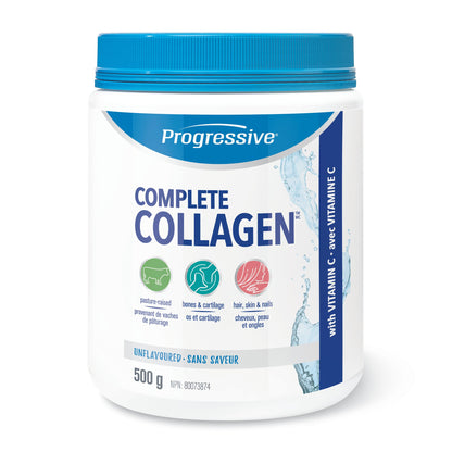 Progressive Complete Collagen Unflavoured, Canadian-Made, for Healthier Hair, Skin, Nails and Joints. Grass-Fed Non-GMO with Antioxidants, Hydrolyzed with Vitamin C for Best Absorption, 500 g Progressive