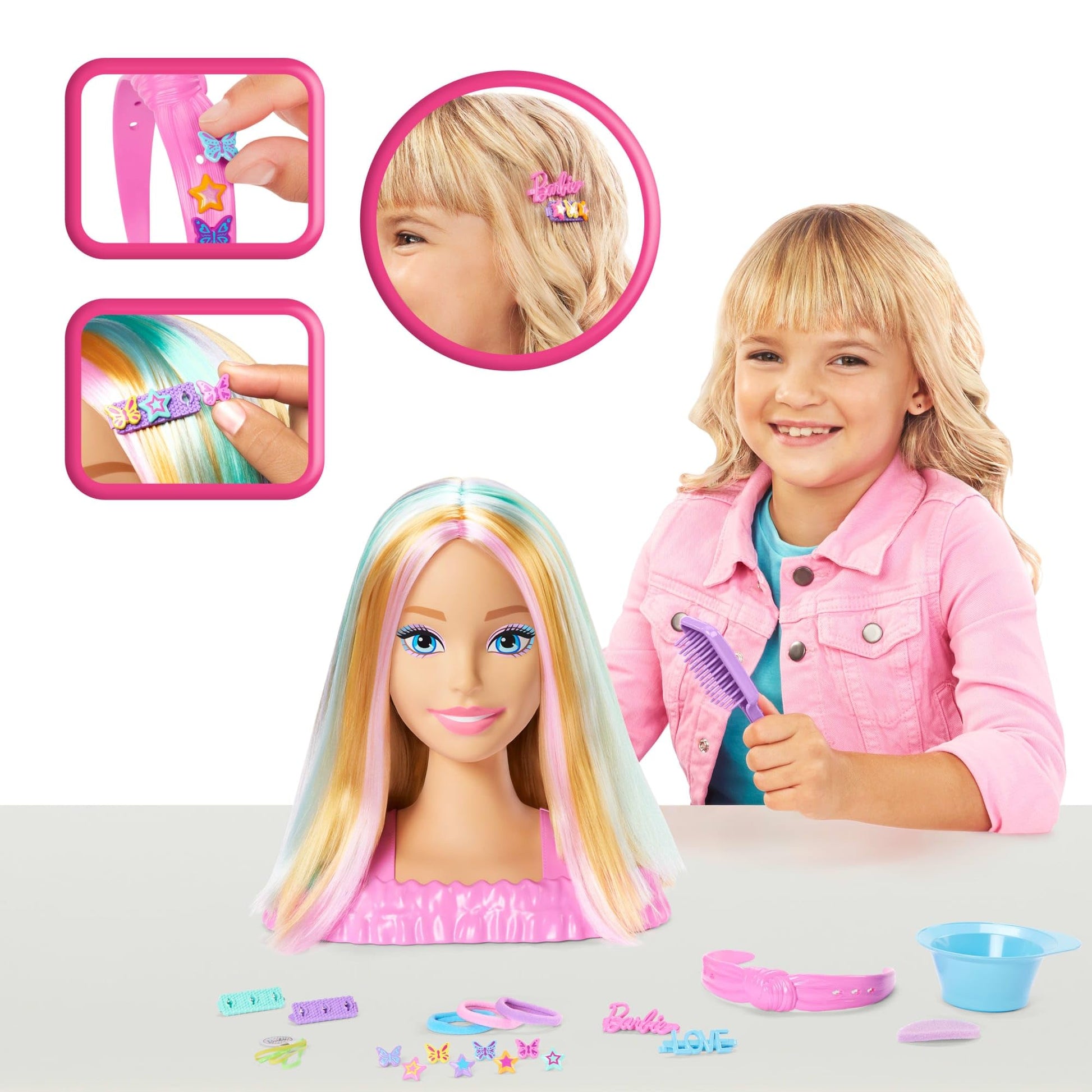 Barbie Doll Styling Head, Blonde Hair with 20+ Hair Styling Accessories Including Star & Butterfly Color Change Hair Clips Barbie