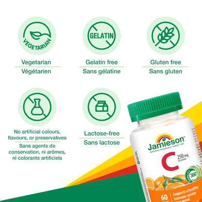 Jamieson Vitamin C 250 mg, 60 Gummies, Natural Tangy Orange Flavour. Supports Immune Health, Strong Teeth and Bones. Family Friendly (3+), Vegetarian, Non-GMO, Gelatin-Free