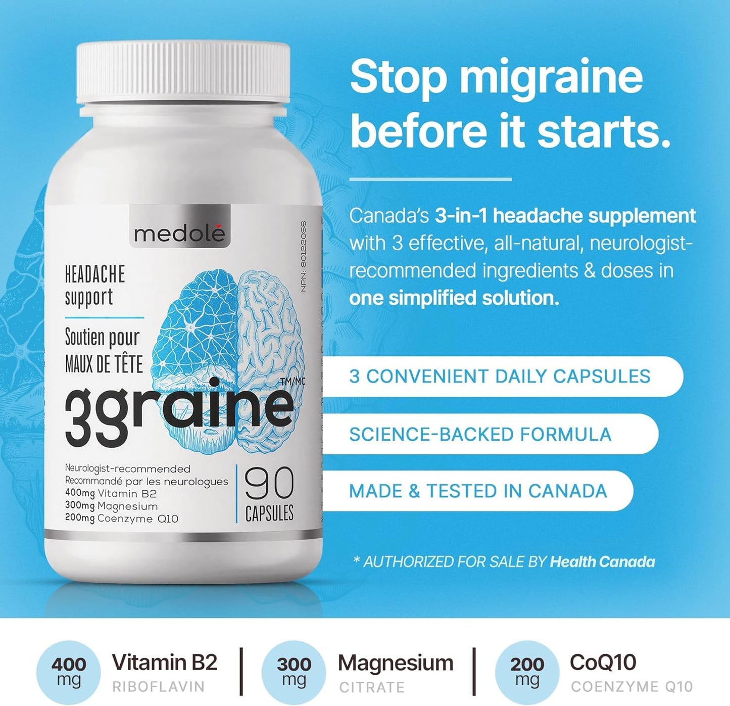 3graine-NEW-Headache Supplement Migraine Prevention and Relief, 400mg Vitamin B2, CoQ10 200mg, Magnesium, Neurologist-Recommended Doses & Ingredients, Nausea & Vomiting Support | 30 Days Supply - Available at All In One Marketplace Canada