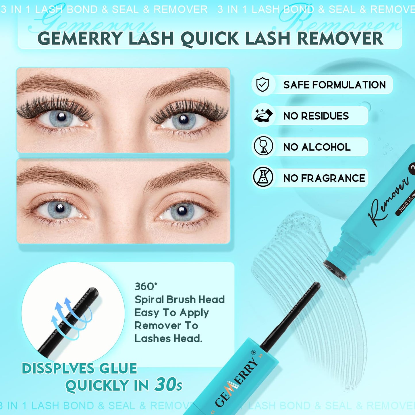 GEMERRY 3-IN-1 Lash Glue Lash Bond and Seal and Remover Clusters Lashes Glue Black Cluster Eyelash Glue Waterproof Long Lasting DIY Eyelash Extension at Home Latex-Free 9ML - Available at All In One Marketplace Canada