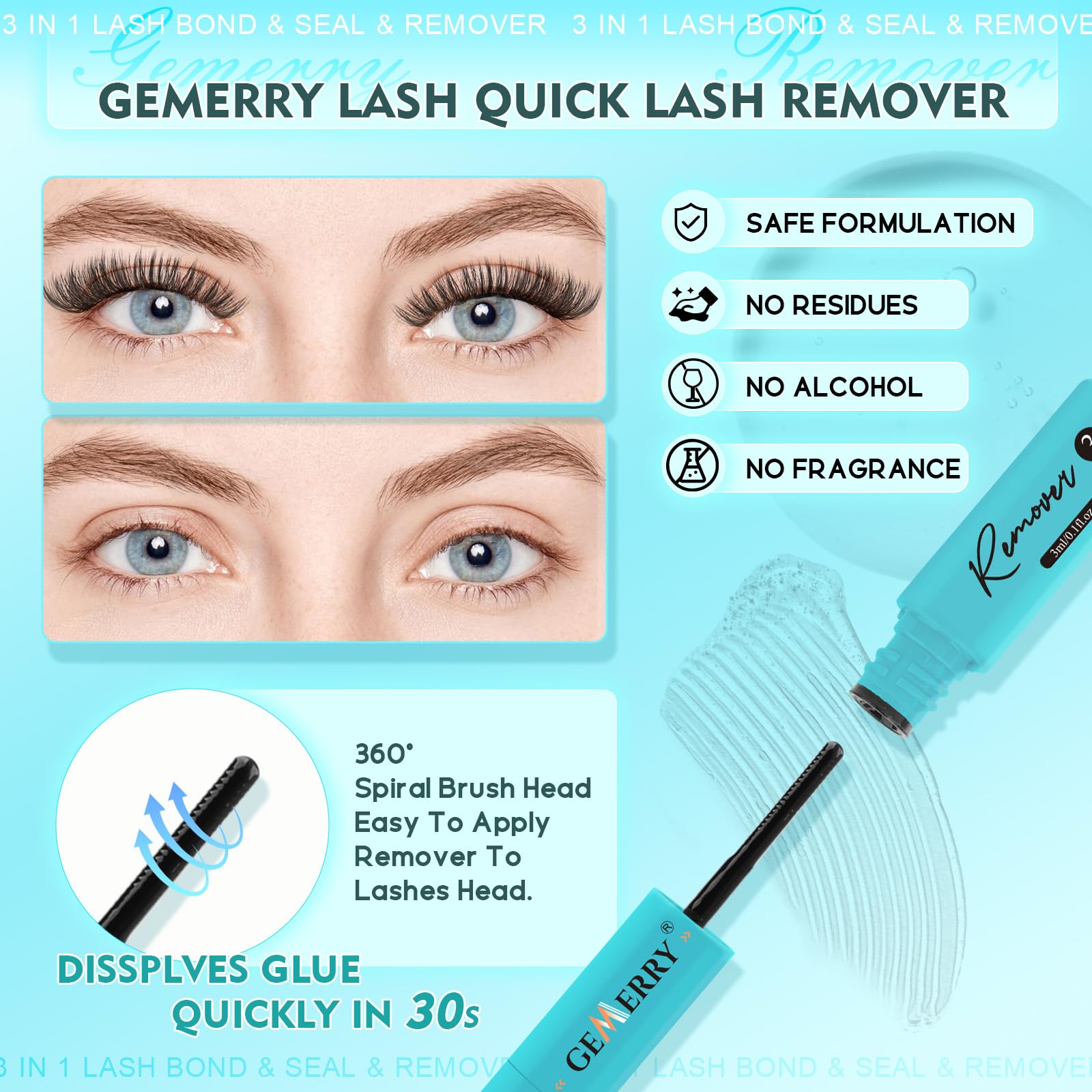 GEMERRY 3-IN-1 Lash Glue Lash Bond and Seal and Remover Clusters Lashes Glue Black Cluster Eyelash Glue Waterproof Long Lasting DIY Eyelash Extension at Home Latex-Free 9ML - Available at All In One Marketplace Canada