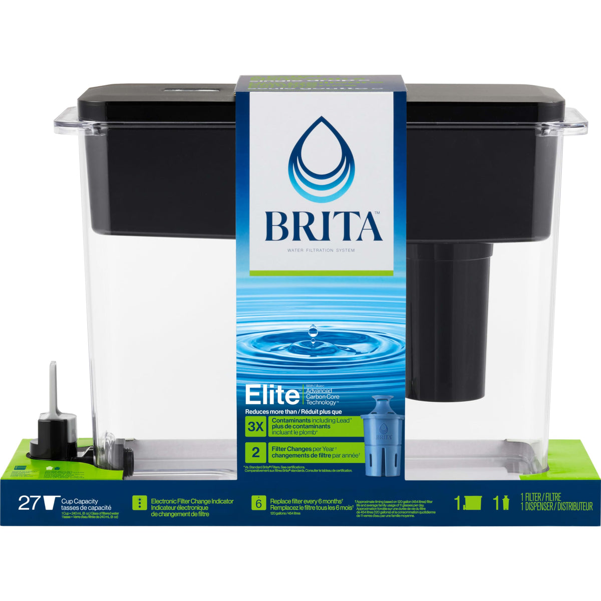 Brita 27 Cup Elite Filter Dispenser, Reduces 30+ Contaminants including Lead and Microplastics, Filter lasts 6 months, UltraMax, Black