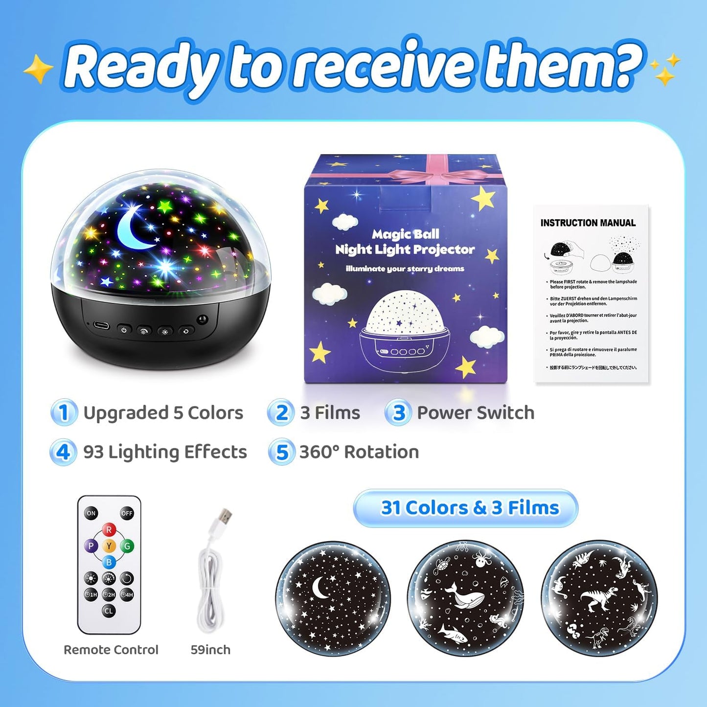PIKOY Night Light for Kids,93 Lighting+3 Films Star Projector Night Light, Dimmable Remote Star Lights, 360° Sensory Projector Nightlight Glow in the Dark Stars, Toddler 3 Year Old Boy Toys for 3-5