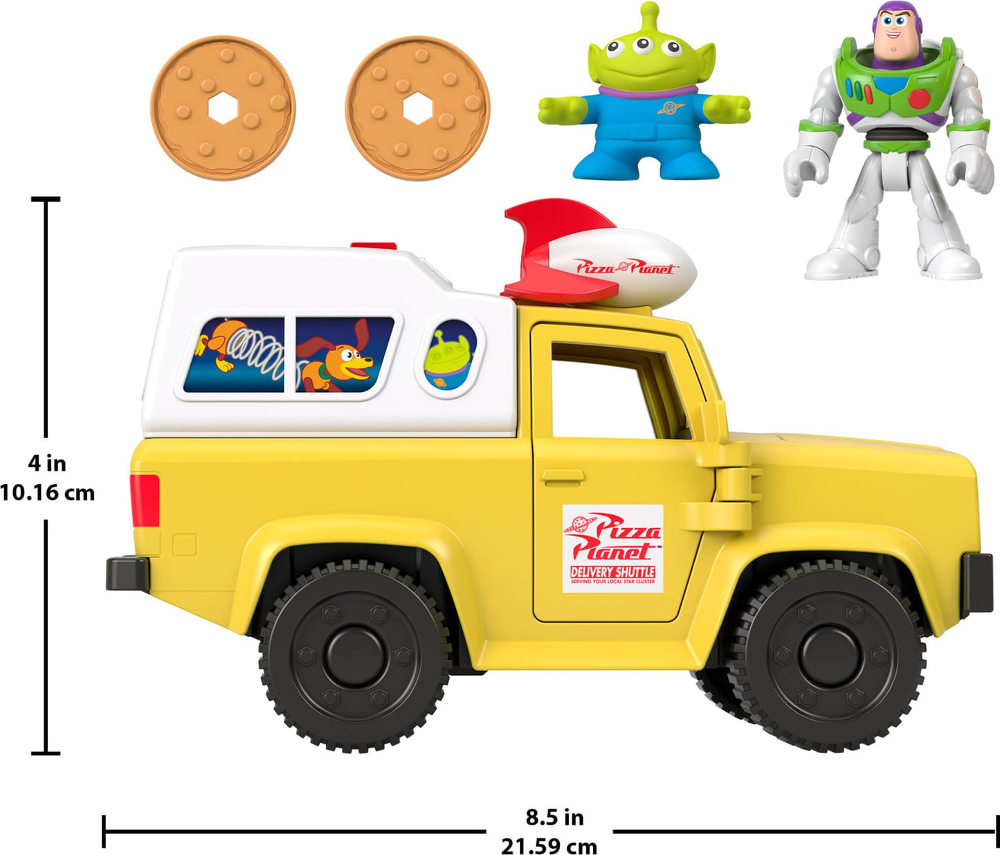 Fisher-Price Imaginext Disney and Pixar Toy Story Pizza Planet Truck with 3-inch Buzz Lightyear & Alien Friend Action Figures, Toy Vehicle & Pizza Projectile Accessories Fisher-Price