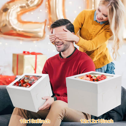 10 Pcs 12x12x10 10x10x8 Cake Boxes Set (5 Boxes & 5 Boards) with Windows Large in 2 Sizes Tall Bakery Boxes Disposable Carrier Take Out Container, Boxes in 2 Tier for Valentine's Day 🍁 All In One Marketplace Canada