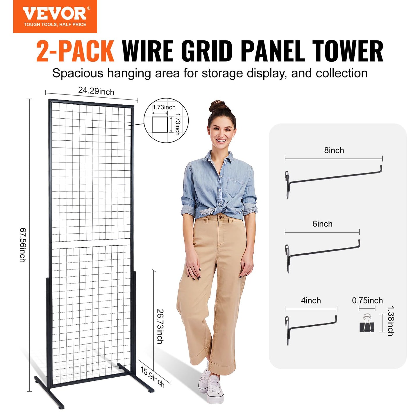 VEVOR 2' x 5.6' Grid Wall Panels Tower, 2 Packs Wire Gridwall Display Racks with T-Base Floorstanding, Double Side Gridwall Panels for Art Craft Shows, Retail Display with Extra Clips and Hooks 🍁 All In One Marketplace Canada