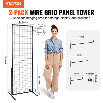 VEVOR 2' x 5.6' Grid Wall Panels Tower, 2 Packs Wire Gridwall Display Racks with T-Base Floorstanding, Double Side Gridwall Panels for Art Craft Shows, Retail Display with Extra Clips and Hooks 🍁 All In One Marketplace Canada