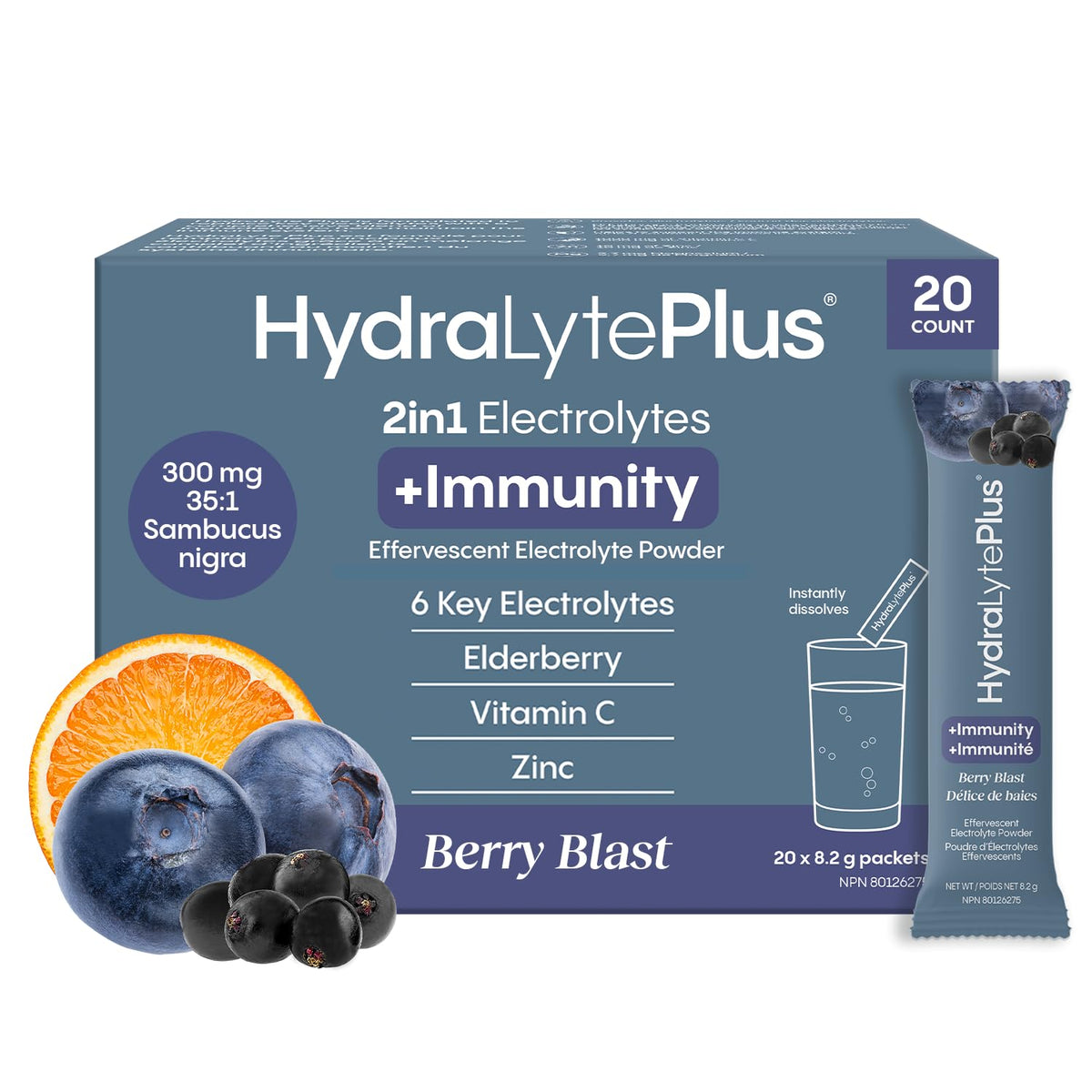 HydraLyte Plus Immunity - Electrolytes + Vitamin C Powder + Elderberry (Sambucus Nigra 35:1 Concentrated Black Elderberry Powder) + Zinc - Daily Hydration Powder With Immune Support for Ages 19+