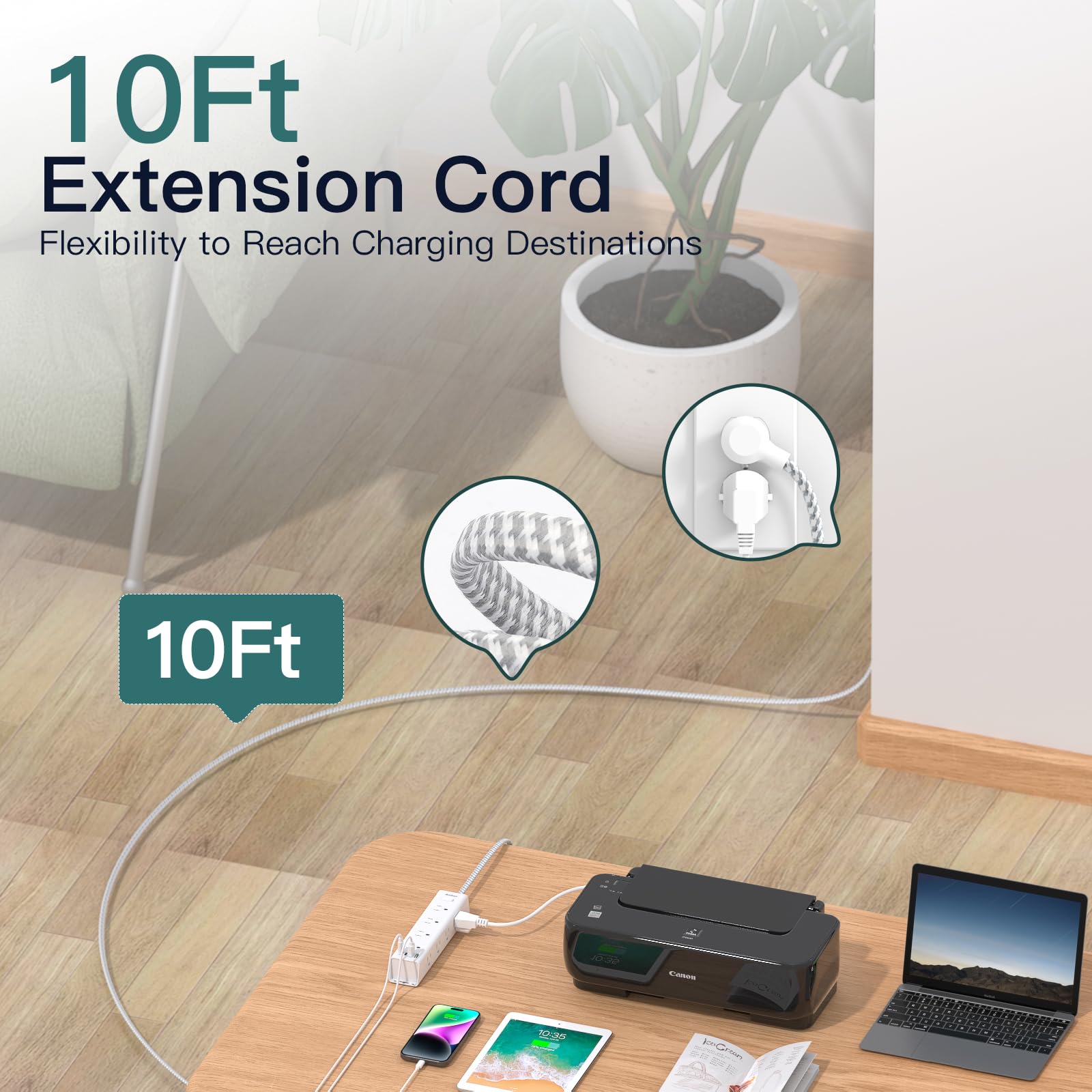 Surge Protector Power Bar - 10 FT Extension Cord, Power Strip with 12 Widely AC Outlet 4 USB, Flat Plug, Wall Mount Overload Protection, 1050J, Desk Charging Station for Dorm Home Office - Available at All In One Marketplace Canada