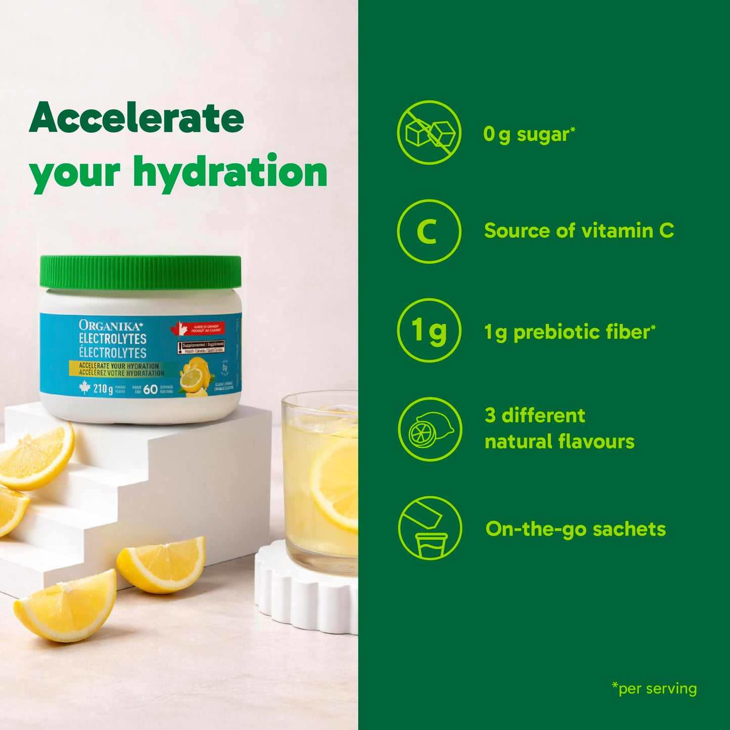 Organika Canadian-Made Electrolytes Powder with Vitamin C & Prebiotic Fibre - Sugar-Free Hydration Drink Mix - Classic Lemonade - 210 g - 60 servings