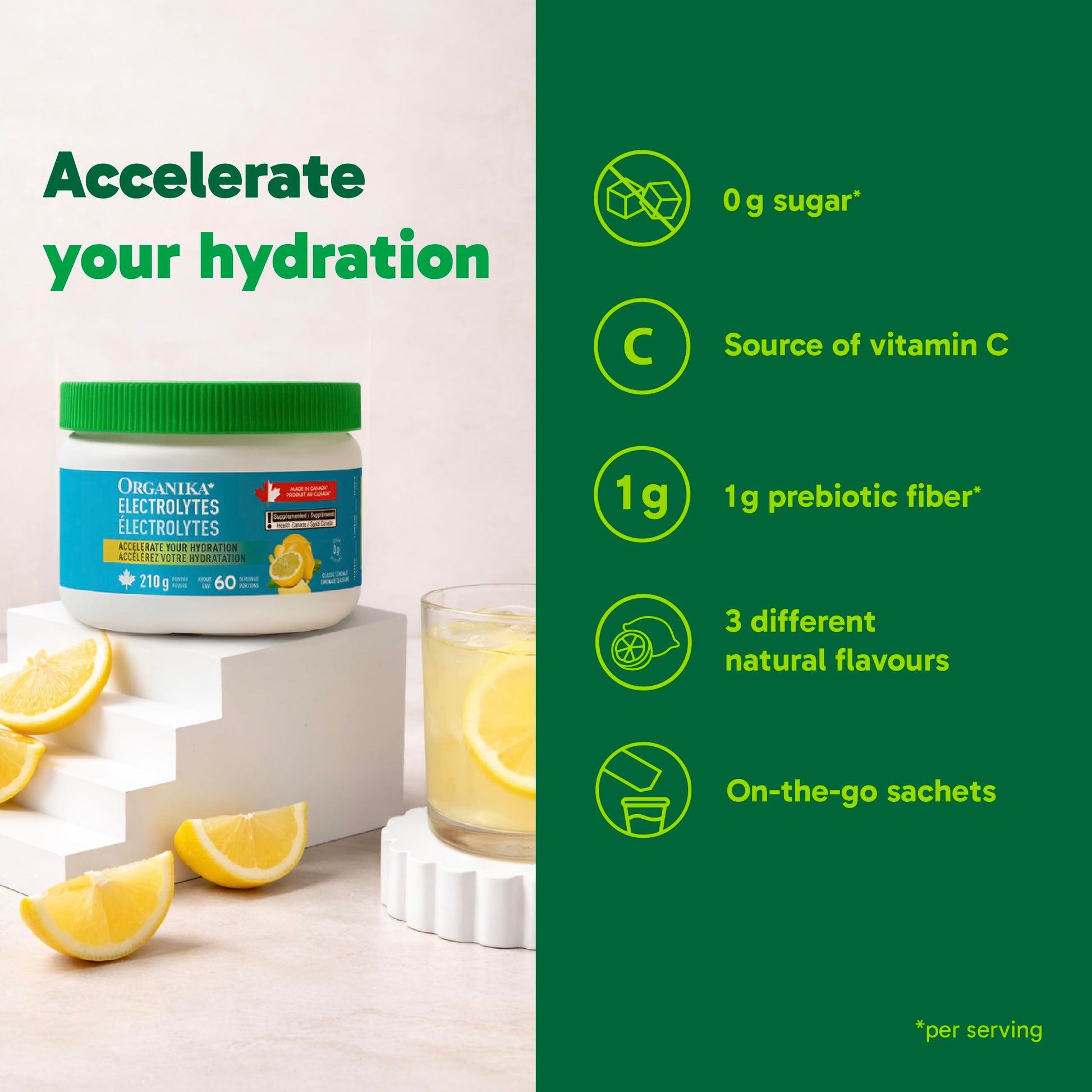 Organika Canadian-Made Electrolytes Powder with Vitamin C & Prebiotic Fibre - Sugar-Free Hydration Drink Mix - Classic Lemonade - 210 g - 60 servings