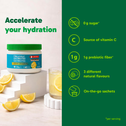 Organika Canadian-Made Electrolytes Powder with Vitamin C & Prebiotic Fibre - Sugar-Free Hydration Drink Mix - Classic Lemonade - 210 g - 60 servings