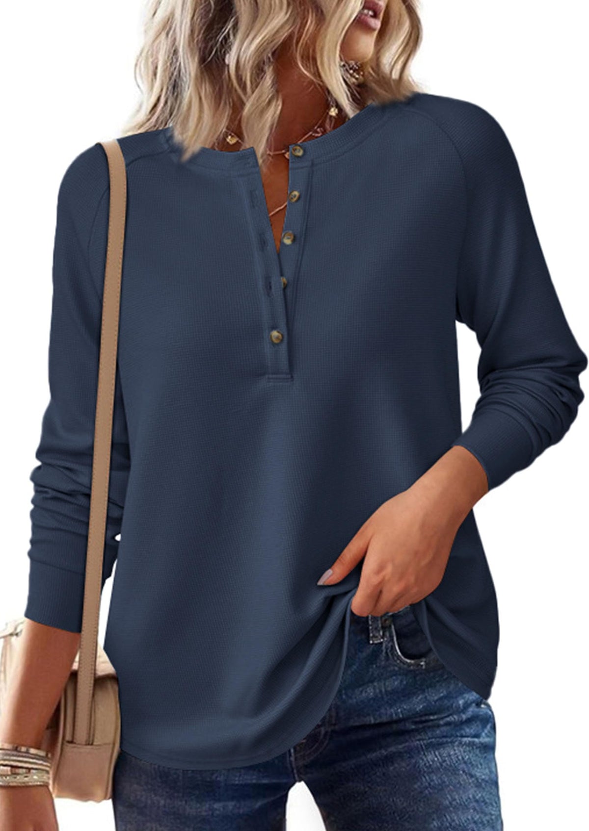 PRETTYGARDEN Women's Long Sleeve Waffle Knit Henley Shirts Navy Blue,M 🍁 All In One Marketplace Canada