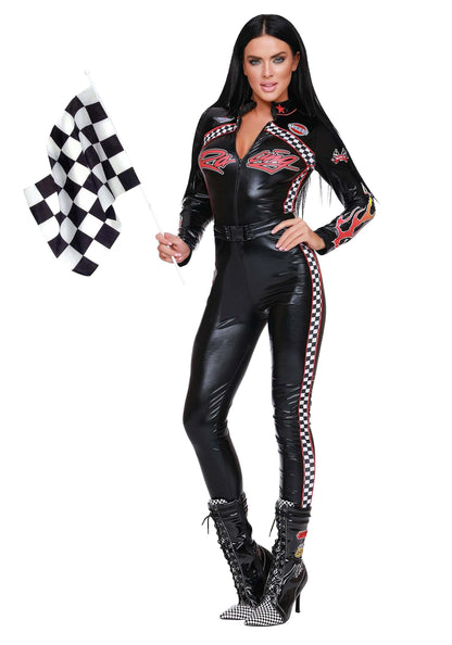 Costume de pilote de course sexy pour femme DreamGirl, combinaison de pilote de voiture de course, costume d'Halloween « Start Your Engines », petit, noir