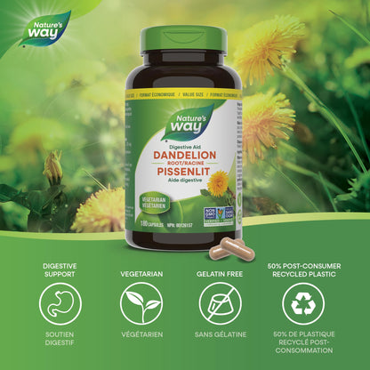 Nature's Way Dandelion Root - Digestion Supplement – Diuretic Laxative - Non-GMO Verified - 180 Vegetarian Capsules, Value Size Nature's Way