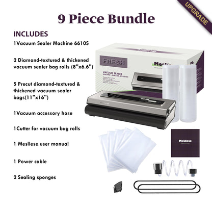 Mesliese Vacuum Sealer Machine Powerful 90Kpa Precision 6-in-1 Compact Vacuum Food Preservation System with Cutter, 2 Bag Rolls & 5 Pre-cut Bags, Dry&Moist Modes Smart Suction, ETL Listed (Silver) - Available at All In One Marketplace Canada