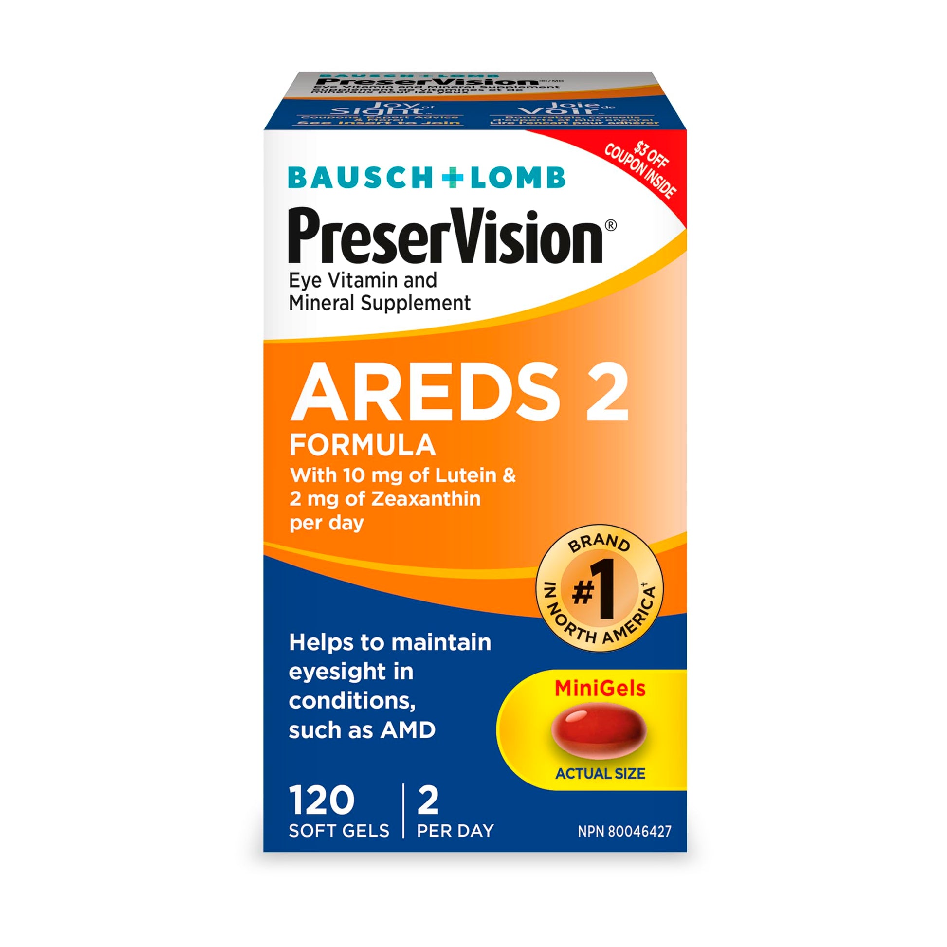 PreserVision AREDS 2 Eye Vitamin & Mineral Supplement, Contains Lutein, Vitamin C, Zeaxanthin, Zinc, Vitamin E, Eye Health Supplements for Adults, 120 Mini Soft Gels (packaging may vary)