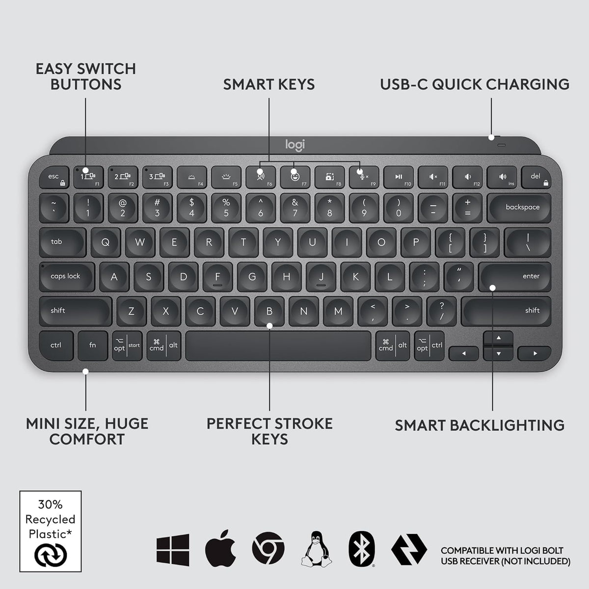 Logitech MX Keys Mini Minimalist Wireless Illuminated Keyboard - Graphite