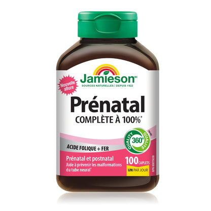 Jamieson Prenatal 100% Complete Multivitamin with Folic Acid and Iron, 100 Caplets. Formulated for Prenatal and Postnatal, and While Breastfeeding, Prevents Neural Tube Defects, One Per Day - Available at All In One Marketplace Canada