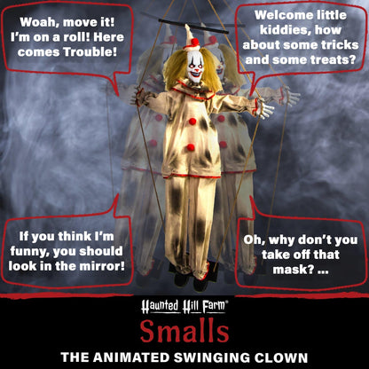 Haunted Hill Farm, clown animé Smalls de 140 cm sur balançoire, décoration d'Halloween pour intérieur ou extérieur couvert, fonctionne sur piles, décoration de fête
