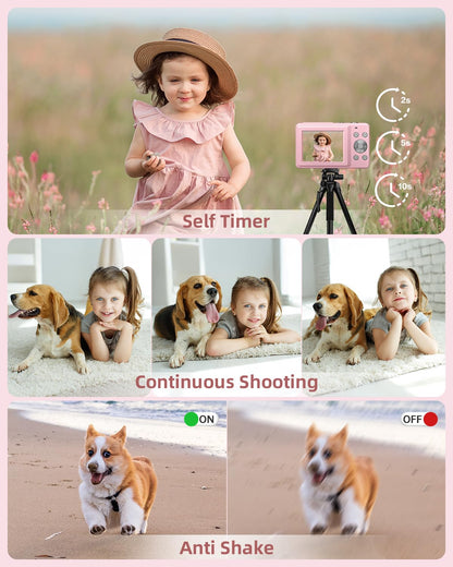 CAMKORY Digital Camera, Full HD 1080P Point and Shoot Camera, 44MP Kids Camera with 32GB Card, 16X Zoom, Pink - Available at All In One Marketplace Canada