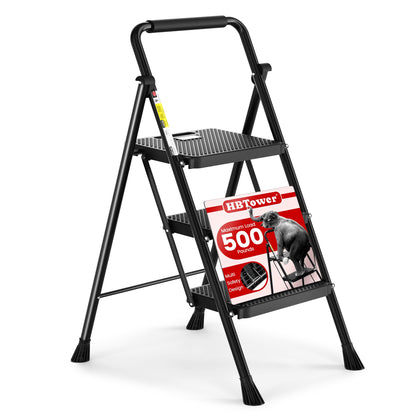 HBTower 3 Step Ladder, Folding Step Stool with Wide Anti-Slip Pedal, 500lbs Sturdy Steel Ladder, Convenient Handgrip, Lightweight, Portable Steel Step Stool, Black - Available at All In One Marketplace Canada
