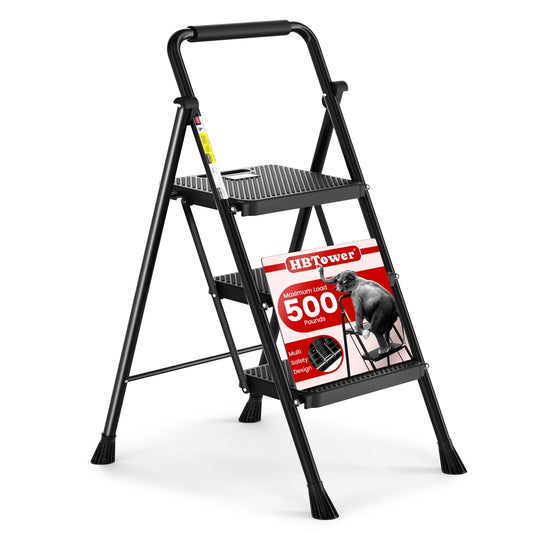 HBTower 3 Step Ladder, Folding Step Stool with Wide Anti-Slip Pedal, 500lbs Sturdy Steel Ladder, Convenient Handgrip, Lightweight, Portable Steel Step Stool, Black - Available at All In One Marketplace Canada