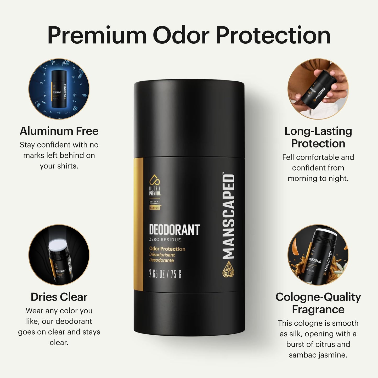 MANSCAPED® UltraPremium Deodorant, Aluminum-Free Clear Formula, Soft and Comfortable with Cologne-Quality Fragrance for Under Arm Odor Protection, 2.65 oz Stick (1 Pack) - Available at All In One Marketplace Canada