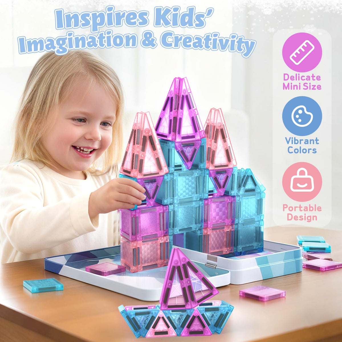 Dreamon 68 PCS Mini Magnetic Tiles Set Ice and Snow Travel Magnetic Tiles for Kids with Tin Box Magnetic Blocks Building Toy Christmas Birthday Gift Girls Boys Age 3 4 5 Years Old 🍁 All In One Marketplace Canada