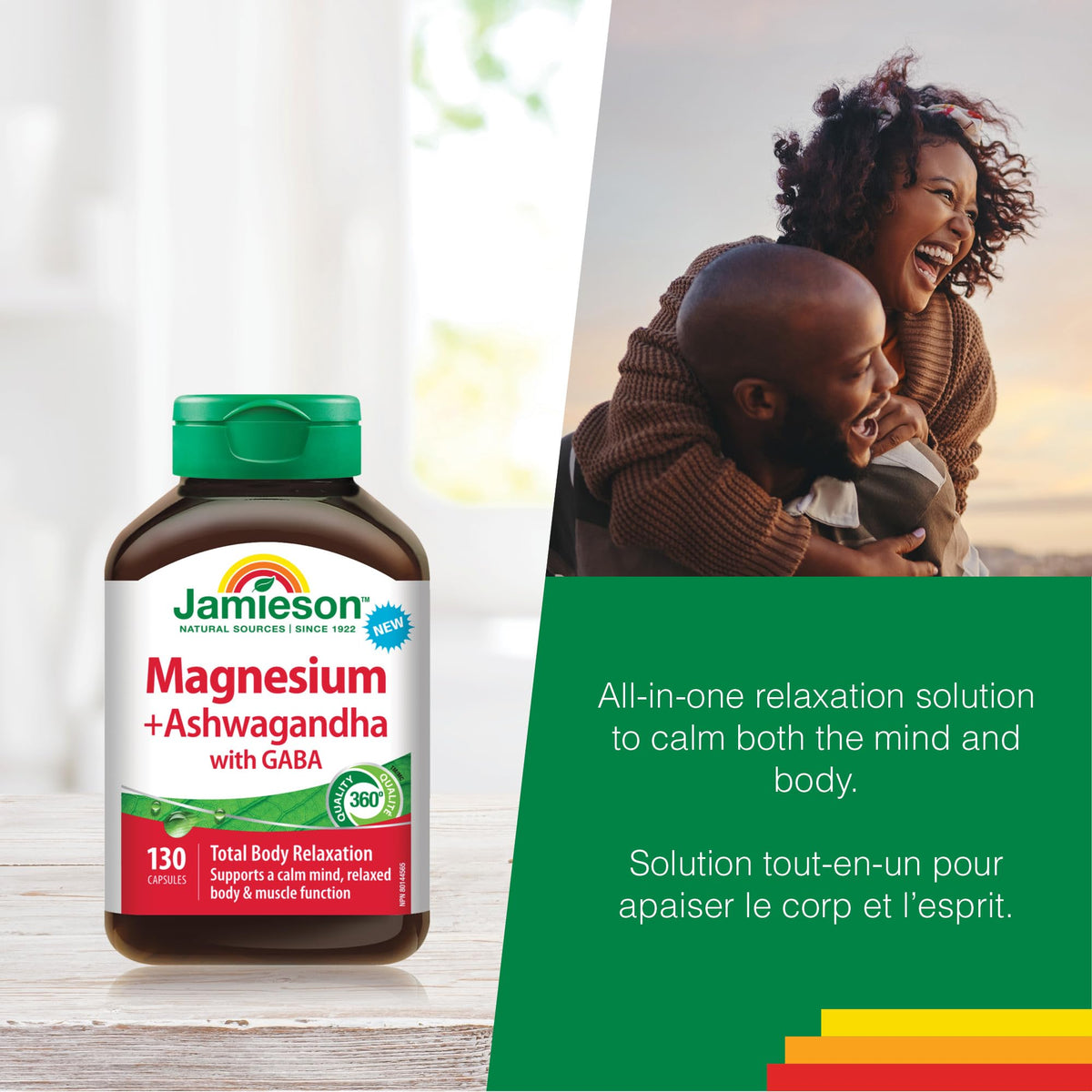 Jamieson Magnesium & Ashwagandha with GABA, Promotes Relaxation, Stress Relief, Sleep Support, Improves Memory, Support Muscle Function, Vegetarian, NON-GMO, Oxide Free, 130 Capsules