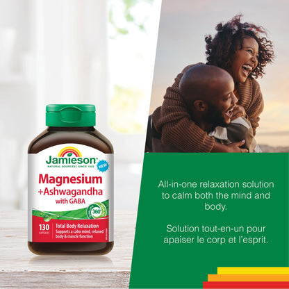 Jamieson Magnesium & Ashwagandha with GABA, Promotes Relaxation, Stress Relief, Sleep Support, Improves Memory, Support Muscle Function, Vegetarian, NON-GMO, Oxide Free, 130 Capsules