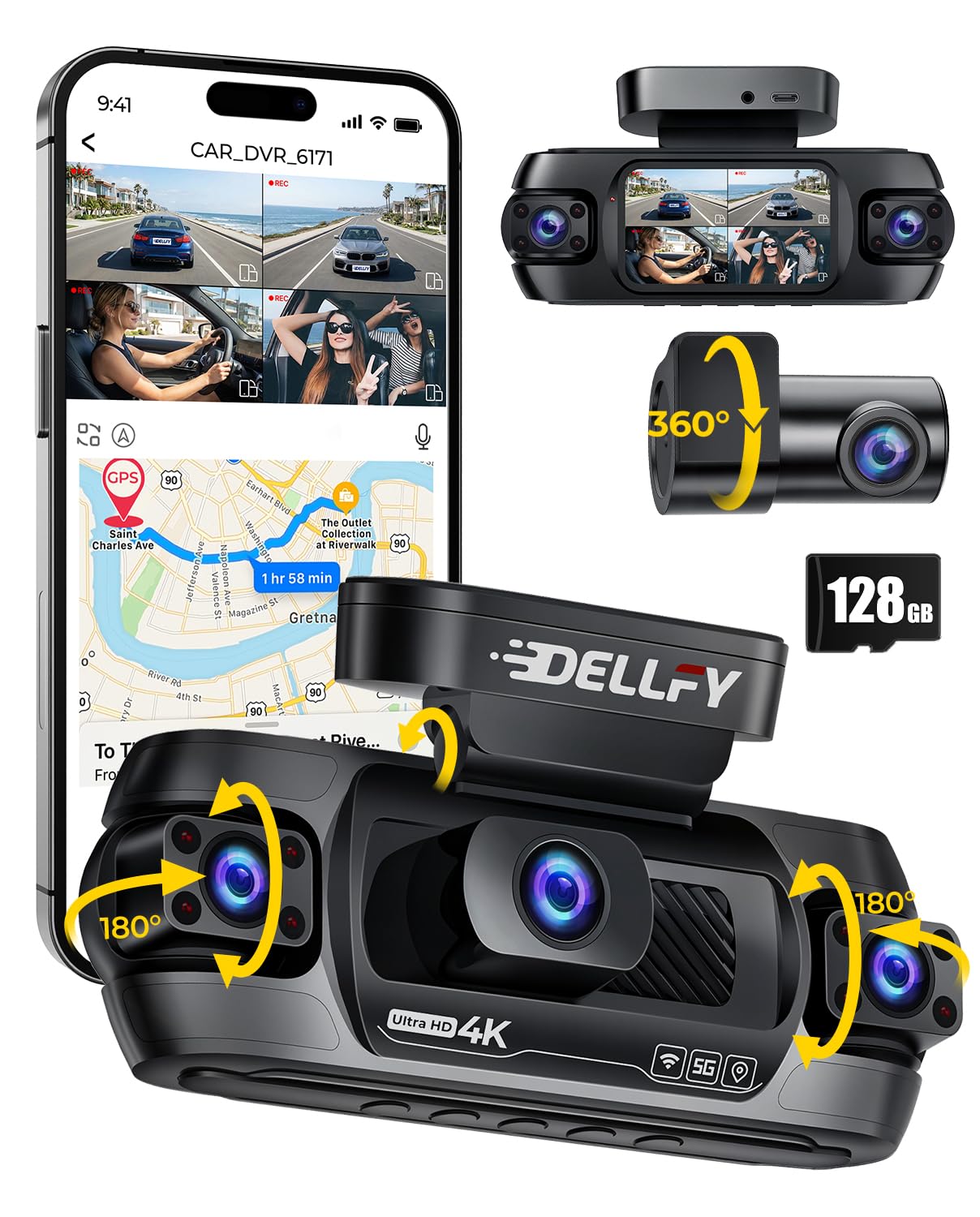 DELLFY 4 Channel Dash Cam, 4K Front & 3 * 1080P Rear/Left/Right, 360° Full View Dashcams for Cars, Built-in GPS & 5G WiFi APP, 24H Parking Mode, 8 IR Night Vision, G-Sensor, 128GB Card Included
