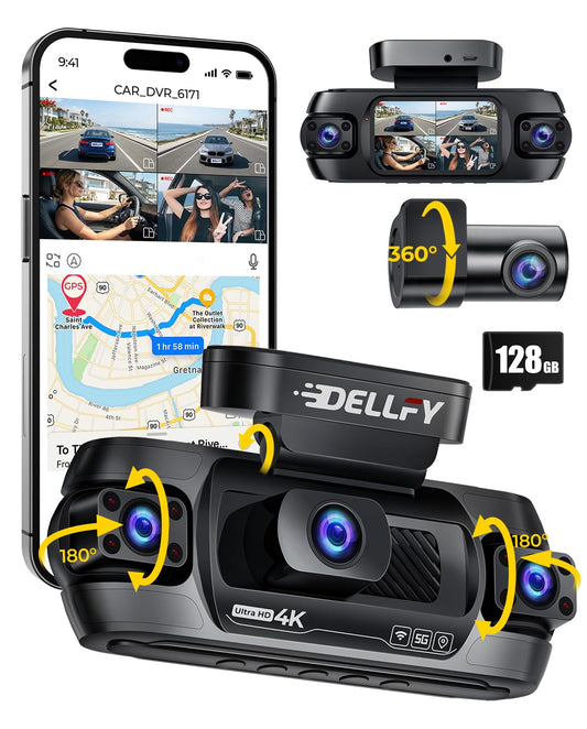 DELLFY 4 Channel Dash Cam, 4K Front & 3 * 1080P Rear/Left/Right, 360° Full View Dashcams for Cars, Built-in GPS & 5G WiFi APP, 24H Parking Mode, 8 IR Night Vision, G-Sensor, 128GB Card Included