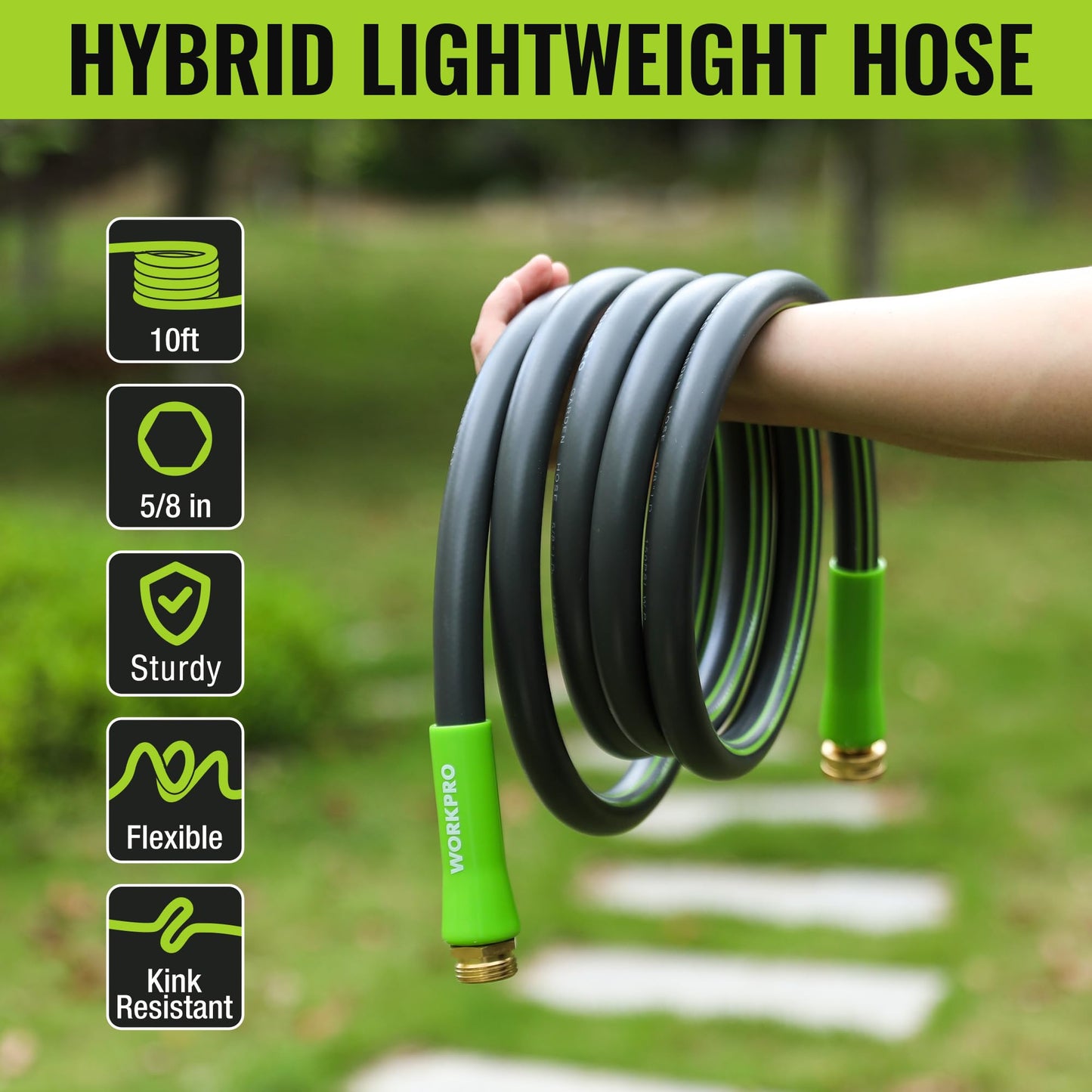 WORKPRO Garden Hose 5/8 in x 10 FT, Heavy Duty, Flexible, Lightweight Water Hose with 360° Rotation Handle, 3/4" GHT Solid Brass Fittings, for Outdoor, Lawn, Garden & Yard, Car Wash WORKPRO
