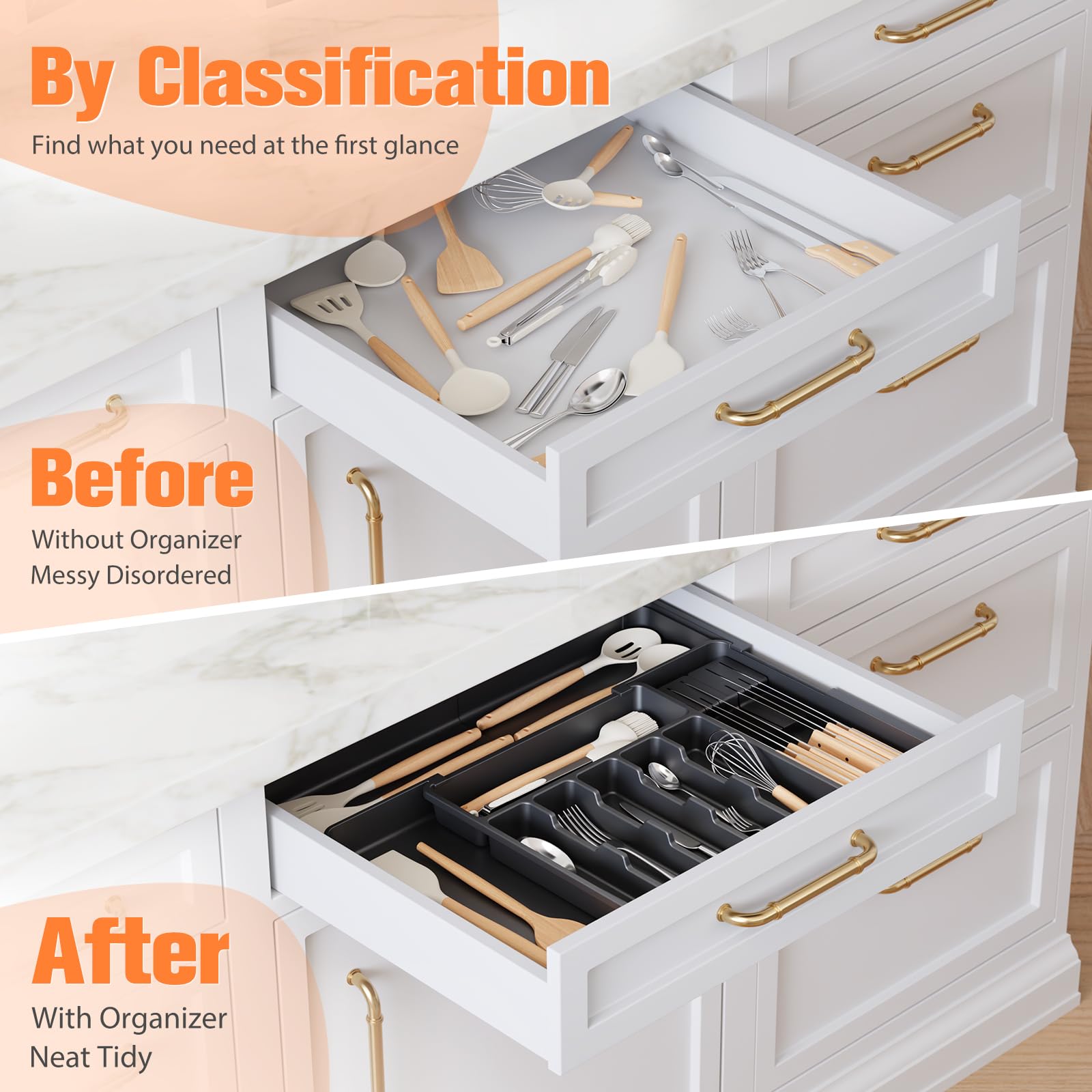 Ceecysaa Cutlery Organizer with 2 Removable Knife Blocks, Expandable Utensil Tray,Adjustable Cutlery Tray Drawer Organizer for Spoons, Knives, Kitchen Organizers and Storage,ABS,Black(6-9 Slots) - Available at All In One Marketplace Canada