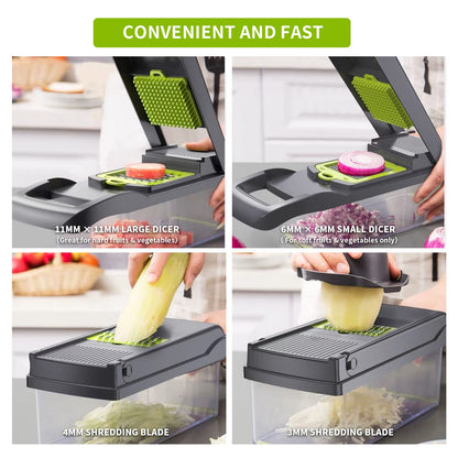 Vegetable Chopper Cutter Slicer Multifunctional 13-in-1 Food Veggie Onion Potato Fruit Chopper Cutter Dicer with Container, 8 Interchangable Blades, Hand Protector, Drain Strainer, Cleaning Brush - Available at All In One Marketplace Canada