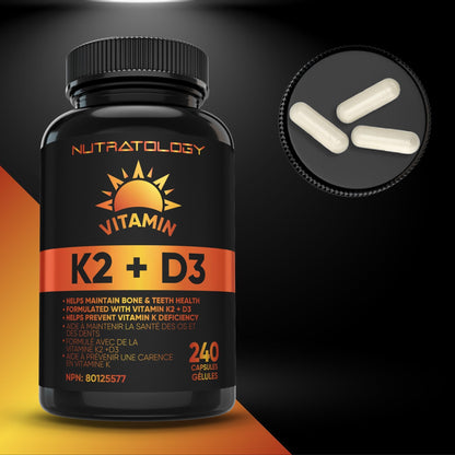 Nutratology® Vitamin K2 + D3 | Canadian-Made | Highest Potency 120MCG/1000 IU - 240 Capsules - Helps Maintain Bone & Teeth Health - Formulated With MK-7 For Best Results - Immune System Support.