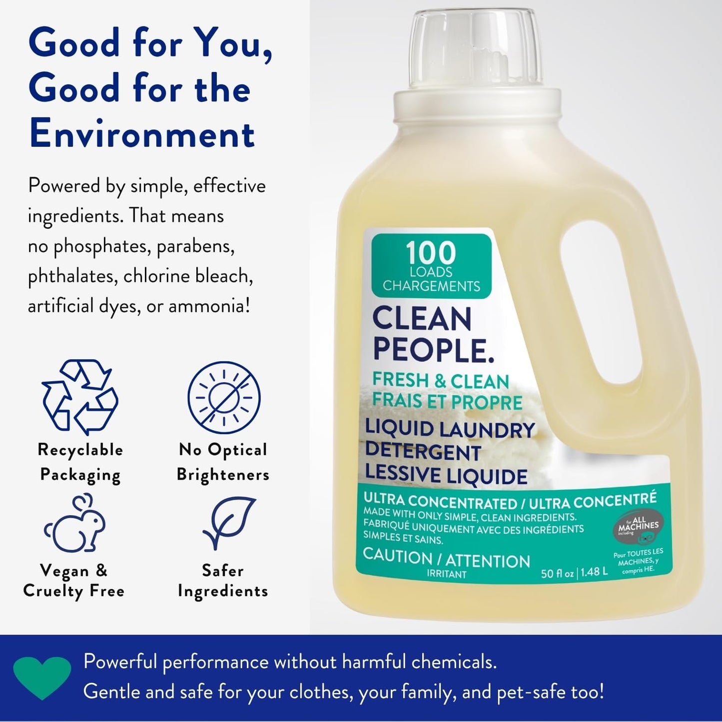 The Clean People Liquid Laundry Detergent - Recyclable Packaging, Stain Fighting - Ultra Concentrated, Laundry Soap (50 Fl Oz, Fresh Scent) - Available at All In One Marketplace Canada
